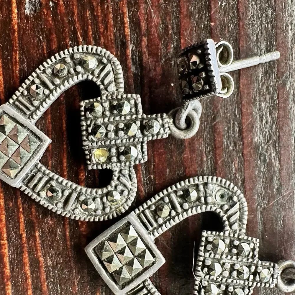 Vintage 925 Sterling Silver Natural Marcasite Heart Pierced Earrings Art Deco